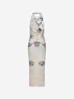JEAN PAUL GAULTIER - Women Printed "Tattoo Rose & Bird" Double Layer Mesh Long Dress