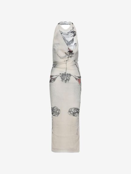 JEAN PAUL GAULTIER - Women Printed "Tattoo Rose & Bird" Double Layer Mesh Long Dress