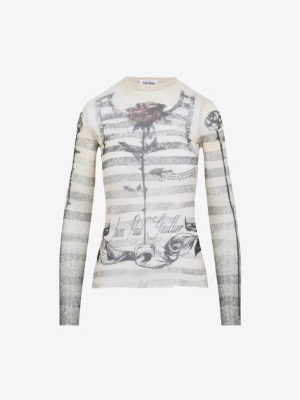 JEAN PAUL GAULTIER - Women Printed"Tattoo Marinière"Rinière" Mesh Long Sleeved Top