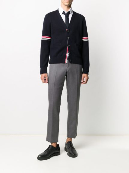 THOM BROWNE - Men Milano Stitch RWB Stripes Cotton V-Neck Cardigan