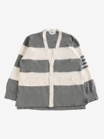 THOM BROWNE - Men Rugby Stripe Milano Stitch  W/4 Bar Stripe V Neck Cardigan - Image 4