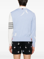 THOM BROWNE - Men Funmix Feather Jersey Intarsia High V Neck Cardigan - Image 3