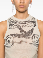 JEAN PAUL GAULTIER - Women Printed "Tattoo Rose & Bird" Double Layer Mesh Tank Top - Image 4