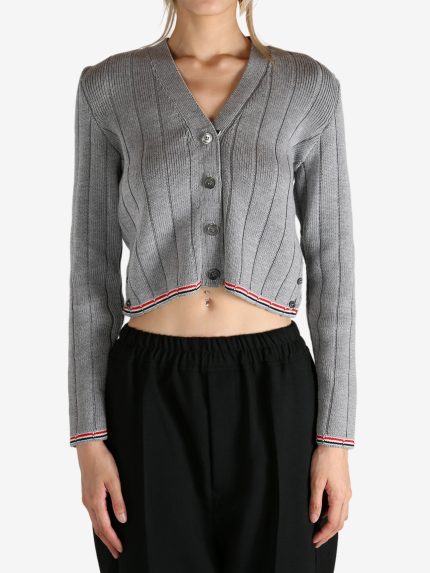 THOM BROWNE - Women Ladder Full Needle Rib Stitch V Neck Knitwear