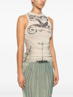 JEAN PAUL GAULTIER - Women Printed "Tattoo Rose & Bird" Double Layer Mesh Tank Top - Image 2