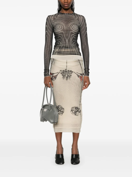 JEAN PAUL GAULTIER - Women Printed "Tattoo Rose & Bird" Double Layer Mesh Skirt