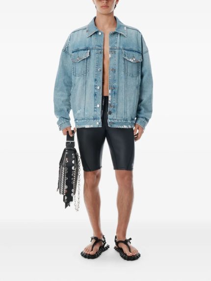 Blue denim jacket, full body view