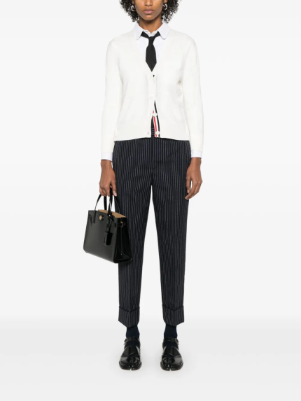 THOM BROWNE - Women Feather Jersey Intarsia Mix Stitch 3/4 Sleeve V Neck Cardigan