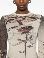 JEAN PAUL GAULTIER - Women Printed "Tattoo Rose & Bird" Double Layer Mesh Top - Image 4