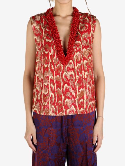 Red tops worn by a person, showing the tops's fit