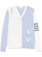 THOM BROWNE - Men Funmix Feather Jersey Intarsia High V Neck Cardigan - Image 5